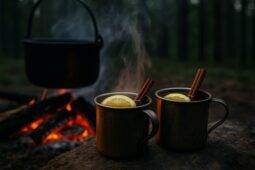 A steaming mug of citrus and spiced campfire toddy with orange slices and cinnamon sticks.