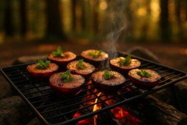 Halved plums sprinkled with cinnamon sugar cooking over an open campfire grill.