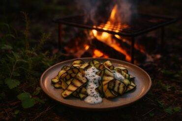 Sliced zucchini charred on a grill, topped with a creamy herb yogurt sauce.