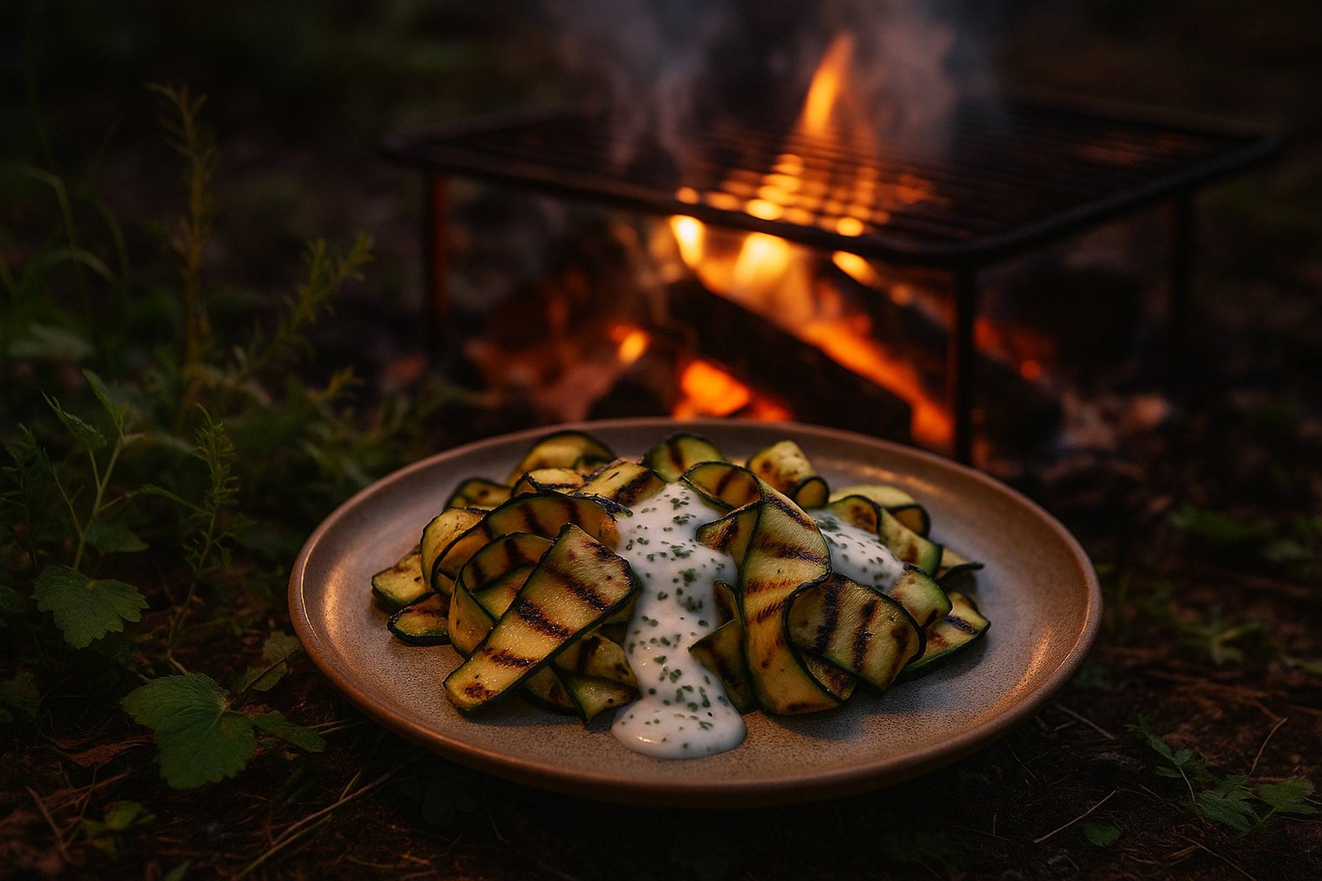 Sliced zucchini charred on a grill, topped with a creamy herb yogurt sauce.