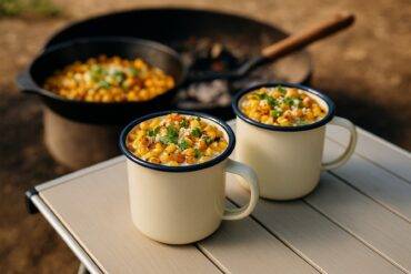 Fire-roasted corn cups topped with creamy sauce, cheese, and chili powder served in foil cups.