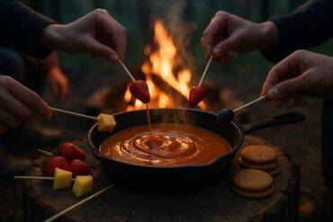 Chocolate fondue melted in a cast iron pot with visible orange zest and spices over a campfire grill.