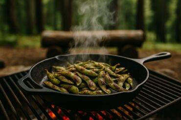 Charred edamame pods tossed with red chili flakes and spices on a rustic camping pan.