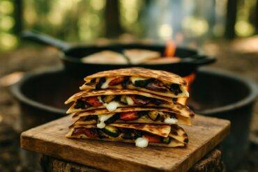 Golden brown quesadilla wedges filled with roasted vegetables and melted goat cheese on a rustic plate.