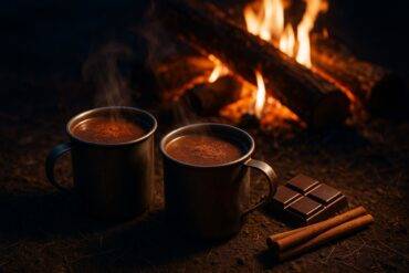 A mug of spiced Mexican hot chocolate garnished with whipped cream and cinnamon sticks by a campfire.