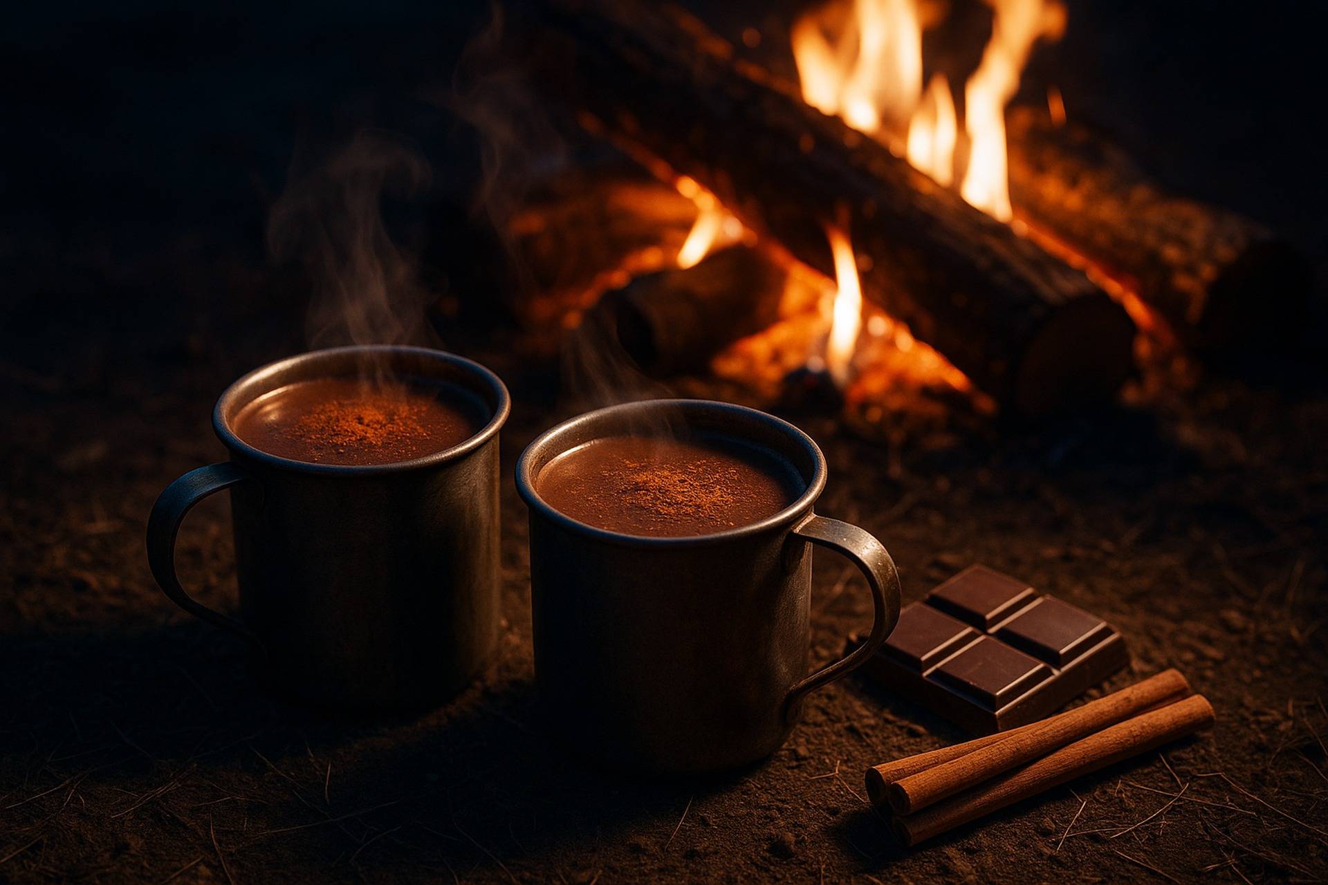 A mug of spiced Mexican hot chocolate garnished with whipped cream and cinnamon sticks by a campfire.
