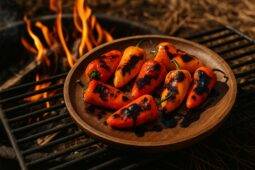 Sweet peppers charred over a firepit, drizzled with balsamic glaze and placed on a plate for serving.