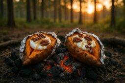 Sweet potatoes sliced and filled with toppings, wrapped in foil ready for campfire baking.