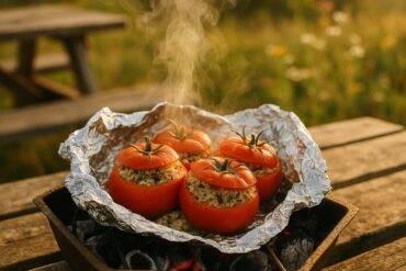 Two foil-wrapped tomatoes stuffed with Mediterranean vegetables and herbs ready for campfire baking.