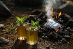 A foil packet steaming with Moroccan mint tea brewed over a campfire.