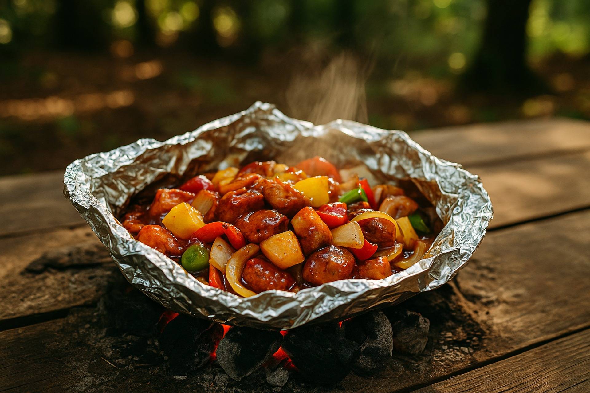 Foil packet with seasoned chicken, pineapple chunks, and BBQ sauce ready to cook over a campfire.