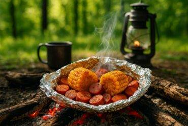 Foil packet filled with sliced sausage, corn, bell peppers, and seasoning ready for grilling.