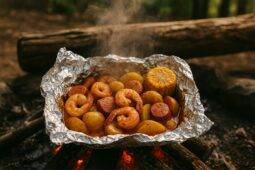 Shrimp, potatoes, corn, and sausage seasoned with Cajun spices in a foil packet for campfire cooking.