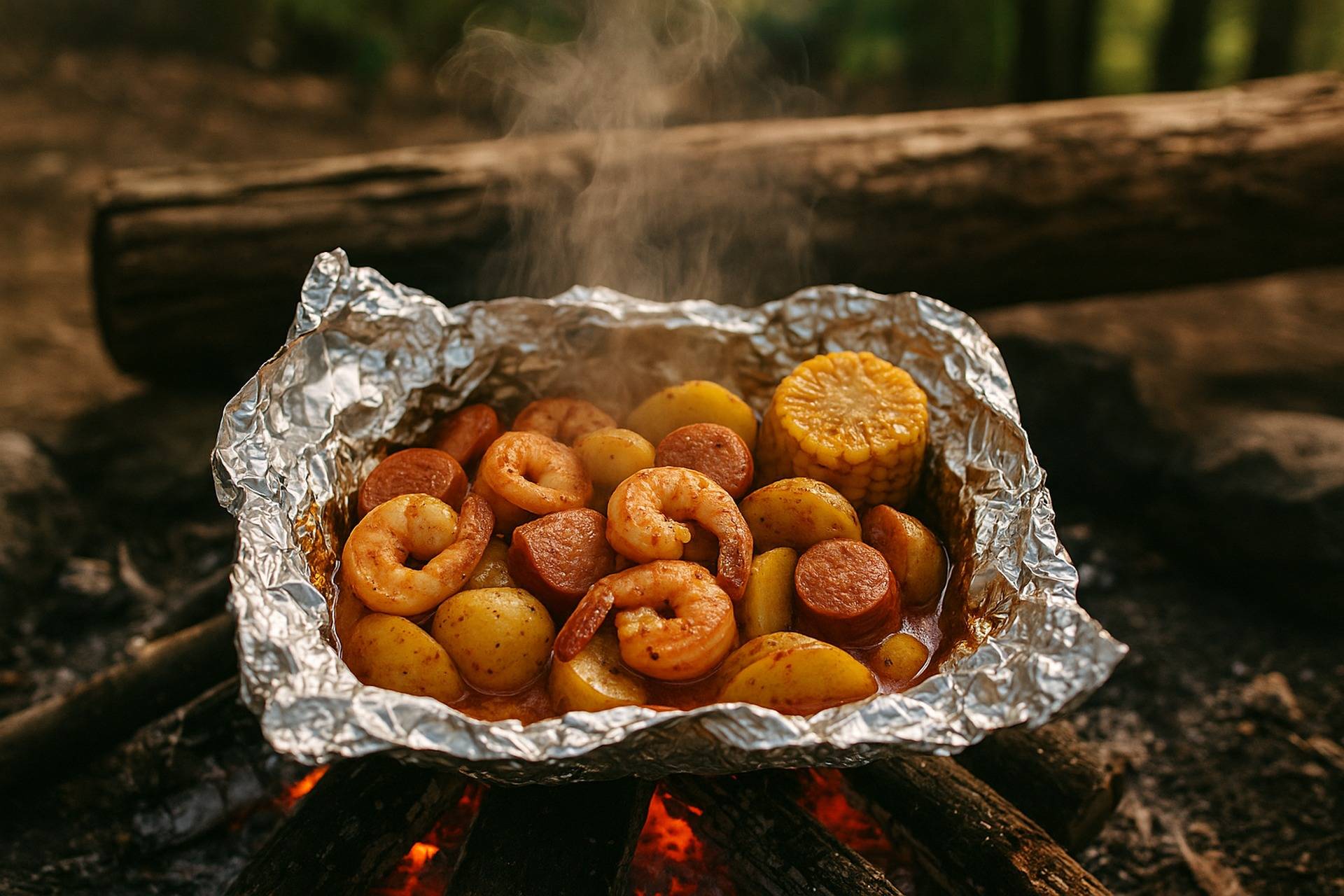 Shrimp, potatoes, corn, and sausage seasoned with Cajun spices in a foil packet for campfire cooking.