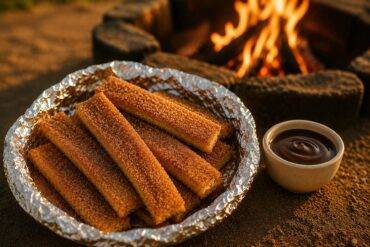 Croissant dough churros rolled in cinnamon sugar inside a foil packet ready for eating.