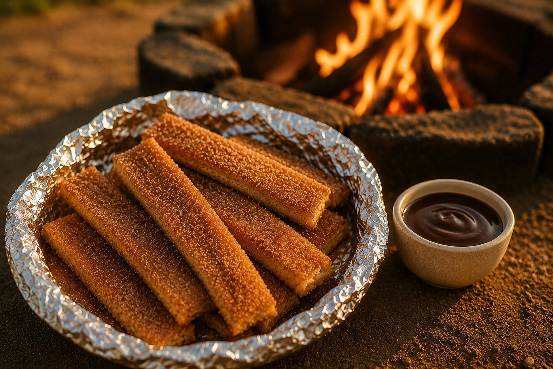 Uncooked churro dough rolled in cinnamon sugar inside a foil packet ready for campfire cooking.