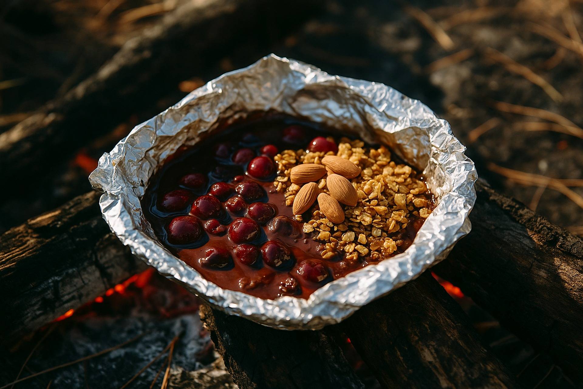 Cherry and chocolate crumble with oat topping cooked in foil, ready to serve from a campfire.