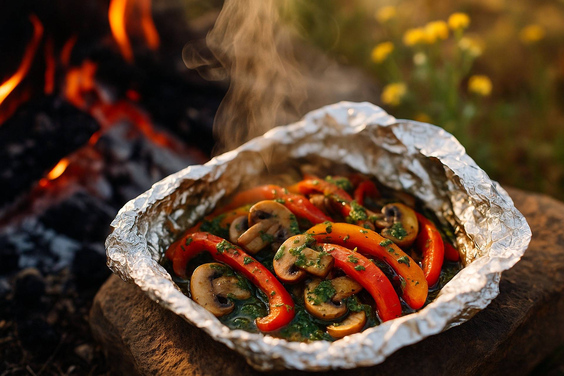Sliced mushrooms and peppers coated in chimichurri sauce cooking in foil packets over a campfire grill.