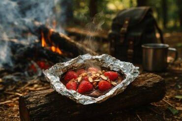 Strawberries, chocolate, and almonds wrapped in foil ready to cook over a campfire for a warm melted treat.