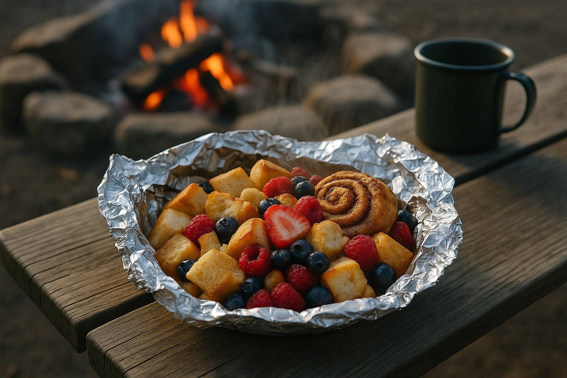 Foil packet with mixed berries and cinnamon-spiced oats cooking over a campfire grate.