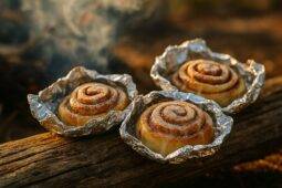 Uncooked cinnamon roll dough wrapped in foil and placed over a campfire for baking.