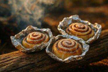Uncooked cinnamon roll dough wrapped in foil and placed over a campfire for baking.