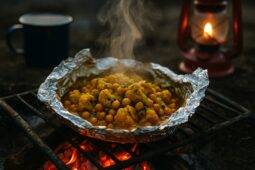 Foil packet with curried cauliflower and chickpeas cooking over a campfire grill.