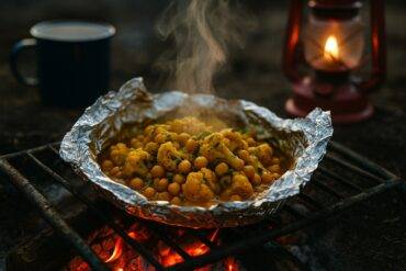 Foil packet with curried cauliflower and chickpeas cooking over a campfire grill.