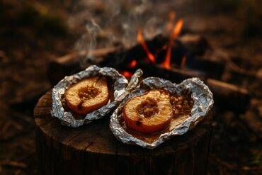 Halved pears seasoned with honey and spices wrapped in foil ready for cooking over a campfire.