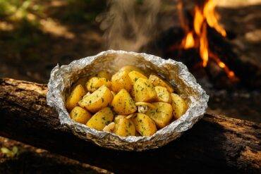 Sliced potatoes with lemon wedges and oregano seasoning wrapped in foil for grilling.