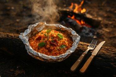 Rice cooked in foil with tomatoes, basil, and herbs, shown wrapped in foil for easy campfire cooking.