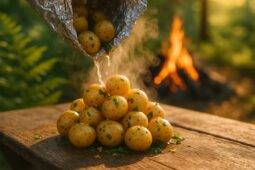 Baby potatoes seasoned with lemon and basil wrapped in foil, ready for cooking over a campfire.
