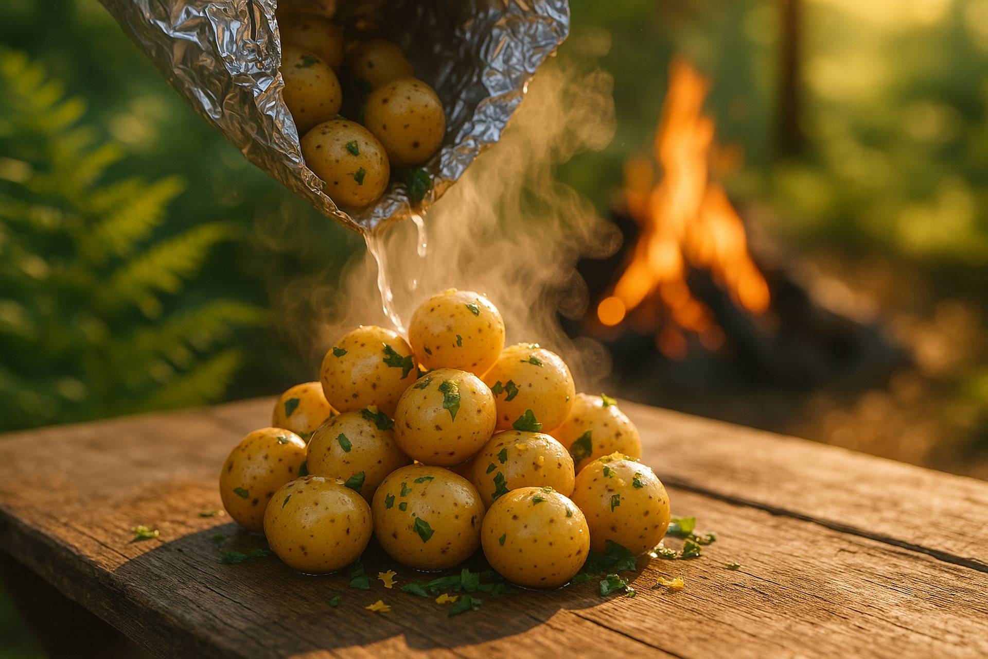 Baby potatoes seasoned with lemon and basil wrapped in foil, ready for cooking over a campfire.