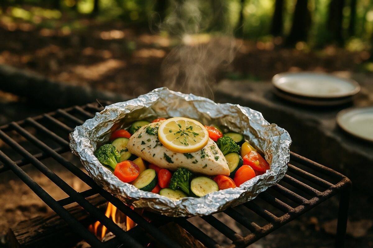 Chicken breast and summer vegetables seasoned with lemon and basil, wrapped in foil and ready for grilling.