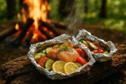 Salmon fillet with lemon slices and dill, nestled on mixed vegetables inside an open foil packet.
