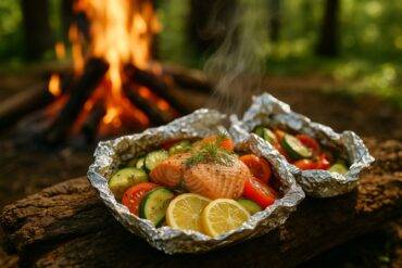 Salmon fillet with lemon slices and dill, nestled on mixed vegetables inside an open foil packet.