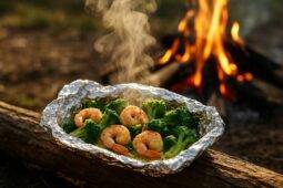 Shrimp and broccoli with lemon and garlic cooked and served in foil packets over a campfire grill.