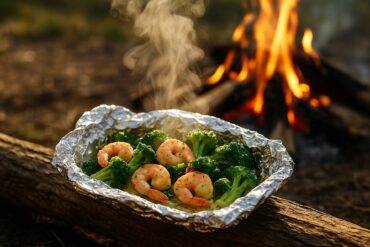 Shrimp and broccoli with lemon and garlic cooked and served in foil packets over a campfire grill.
