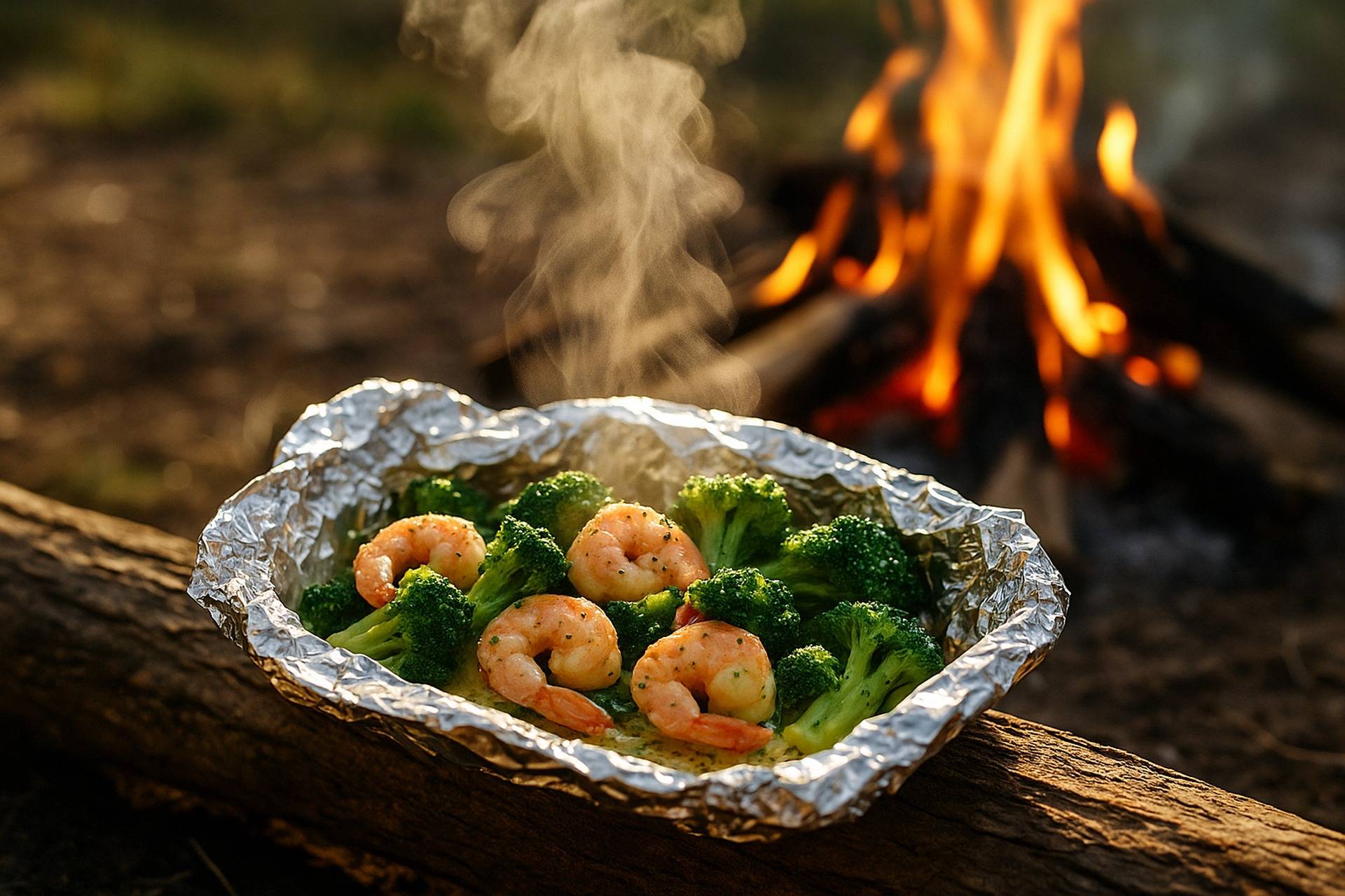 Shrimp and broccoli with lemon and garlic cooked and served in foil packets over a campfire grill.