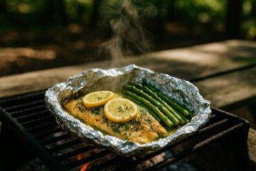 Trout fillet and asparagus spears seasoned with lemon and herbs wrapped in foil for grilling.