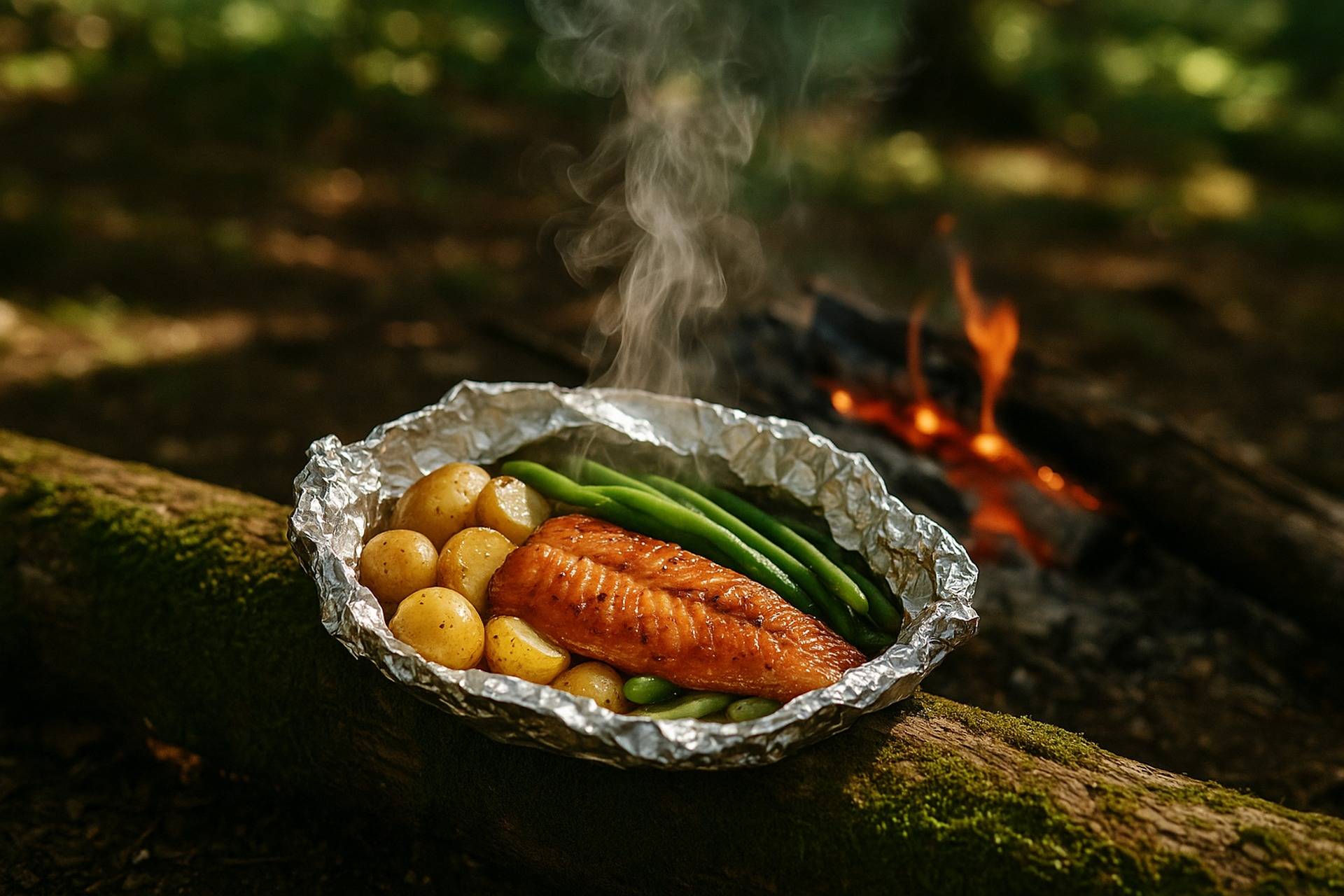 Trout fillet and mixed vegetables seasoned with maple-mustard sauce in an open foil packet ready for cooking.