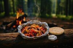 Grilled Mediterranean chicken with vegetables wrapped in foil, ready to be cooked over a campfire.