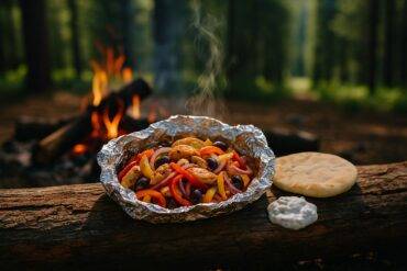 Grilled Mediterranean chicken with vegetables wrapped in foil, ready to be cooked over a campfire.