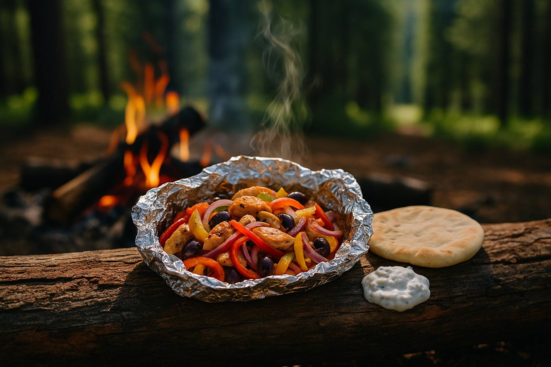 Grilled Mediterranean chicken with vegetables wrapped in foil, ready to be cooked over a campfire.