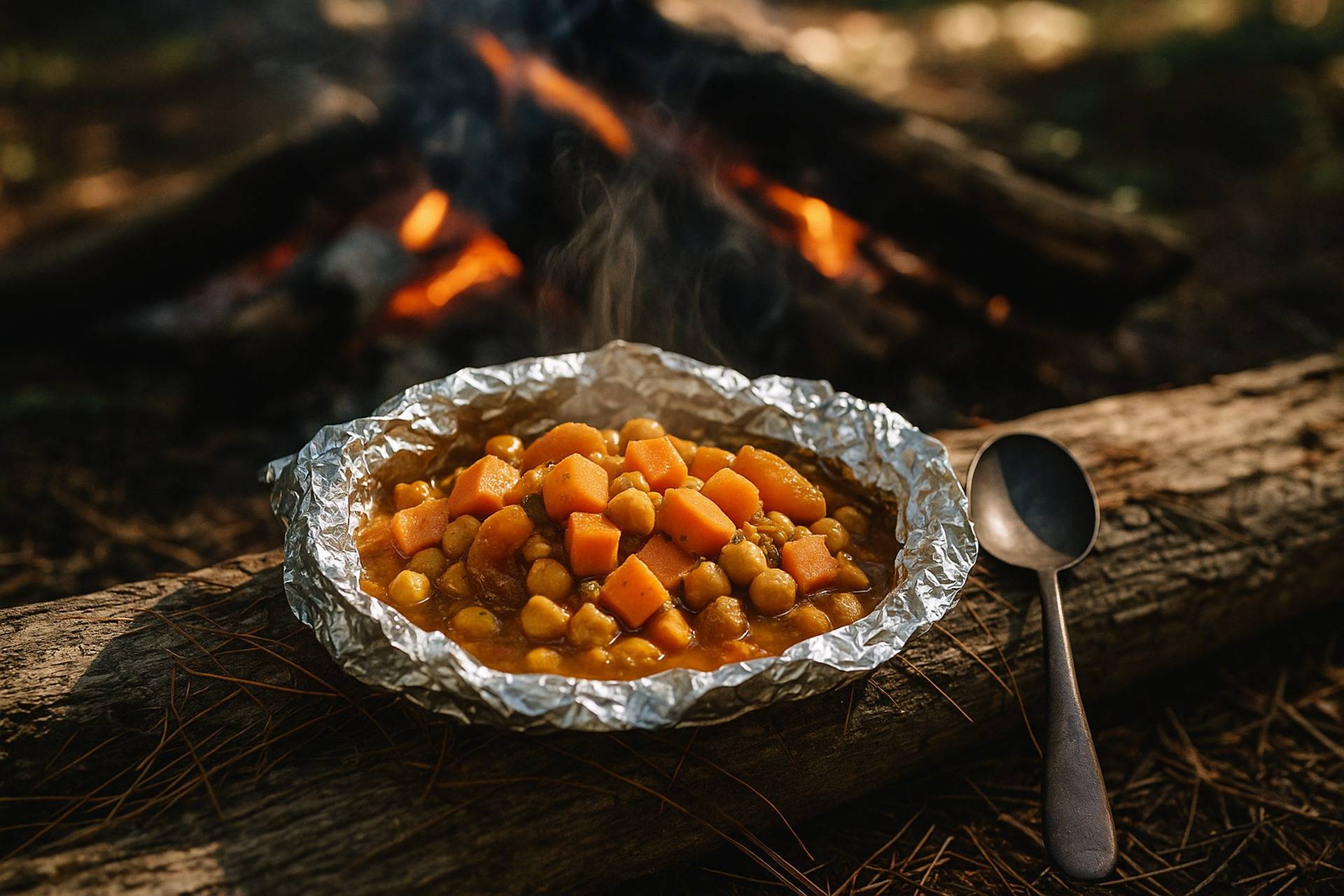 Foil packet with chickpeas, vegetables, and spices cooking over a campfire grate.