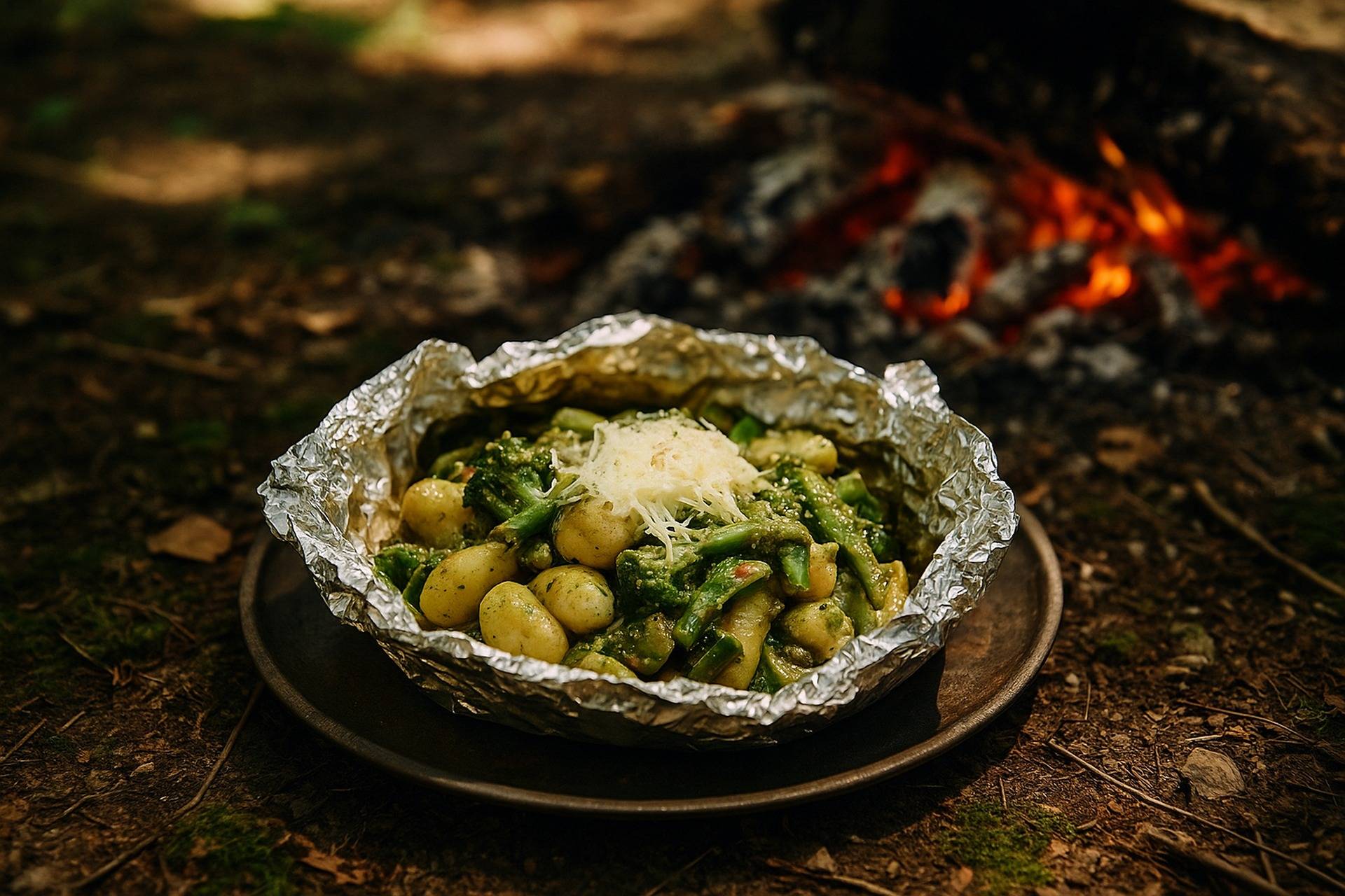 Foil packet with pesto-coated gnocchi, cherry tomatoes, zucchini, and herbs ready to cook over a campfire.
