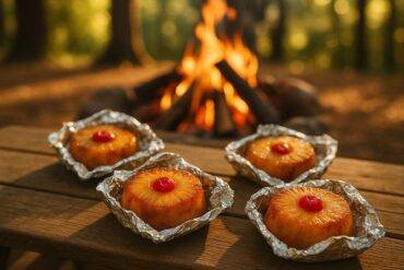 Two foil packets with pineapple upside-down cakes cooling on a wire rack.