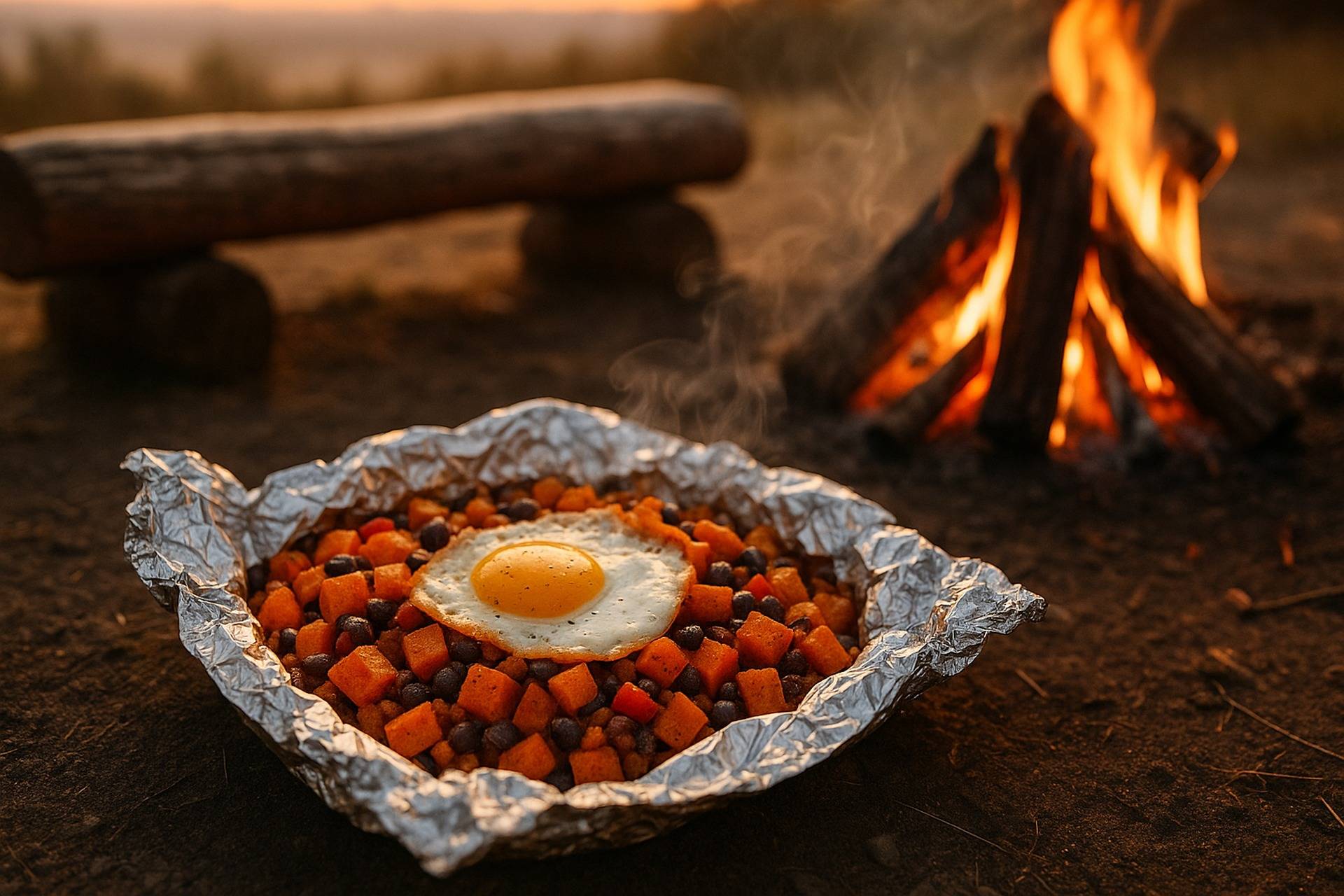 Southwest sweet potato hash with peppers and eggs cooked in foil packets over a campfire