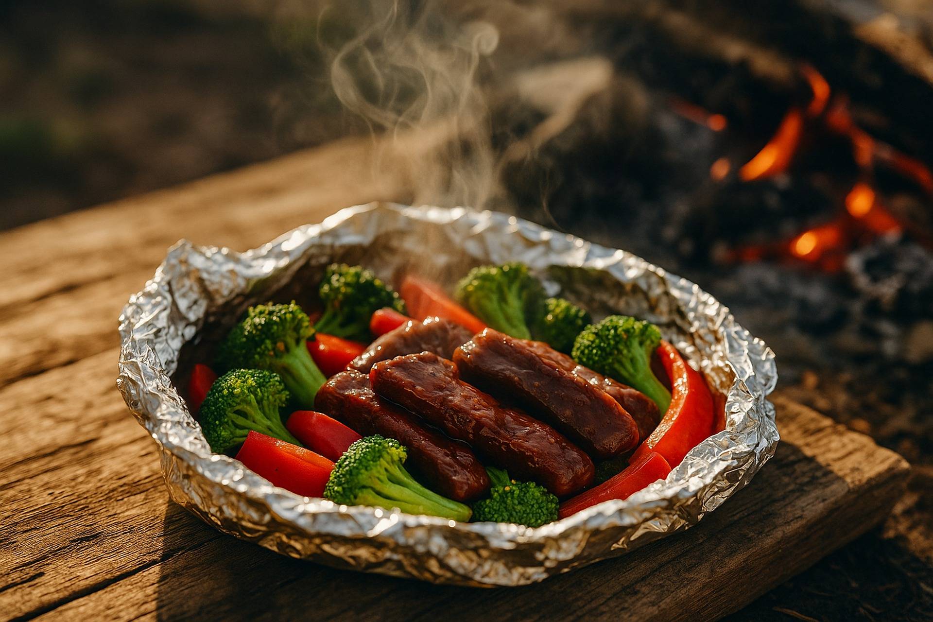 Teriyaki beef and mixed vegetables cooked together in a foil packet, ready for grilling or campfire cooking.