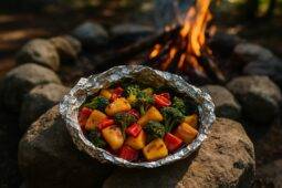 Colorful mix of pineapple, bell peppers, and broccoli coated in teriyaki sauce inside a foil packet ready to cook.